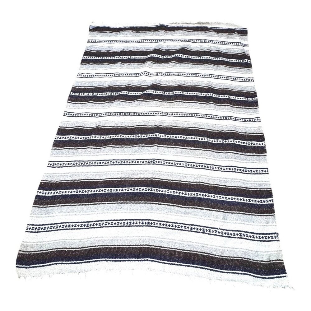 Mexican Artisan Striped Blanket Handwoven Wool Throw Soft Textural Serape Large